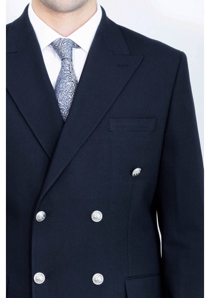 Gümüş Renk Metal Düğmeli Slim Fit Kruvaze Lacivert Erkek Takım Elbise – Wessi fiyatları