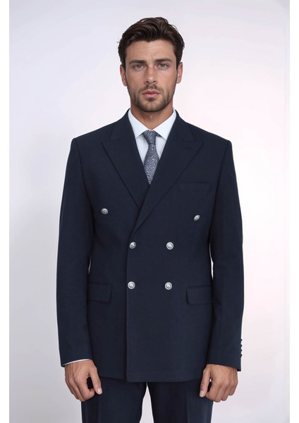 Gümüş Renk Metal Düğmeli Slim Fit Kruvaze Lacivert Erkek Takım Elbise – Wessi modelleri