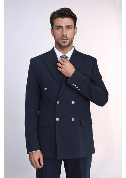 Gümüş Renk Metal Düğmeli Slim Fit Kruvaze Lacivert Erkek Takım Elbise – Wessi fırsatları