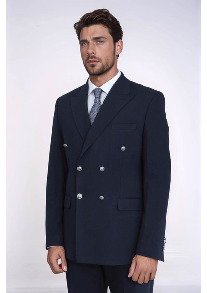 Gümüş Renk Metal Düğmeli Slim Fit Kruvaze Lacivert Erkek Takım Elbise – Wessi indirimleri