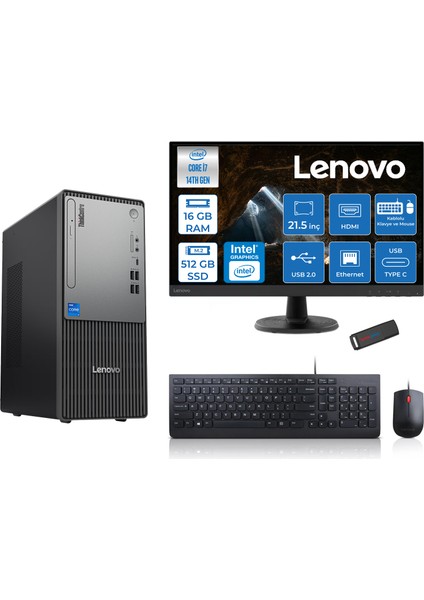 Thinkcentre Neo 50T Gen5 Intel Core I7 14700 16GB Ddr5 512GB SSD 21.5 Inç Monitör Freedos Intel UHD 770 Masaüstü Bilgisayar 2112UAS0GL00F02 + Zetta Flash Bellek