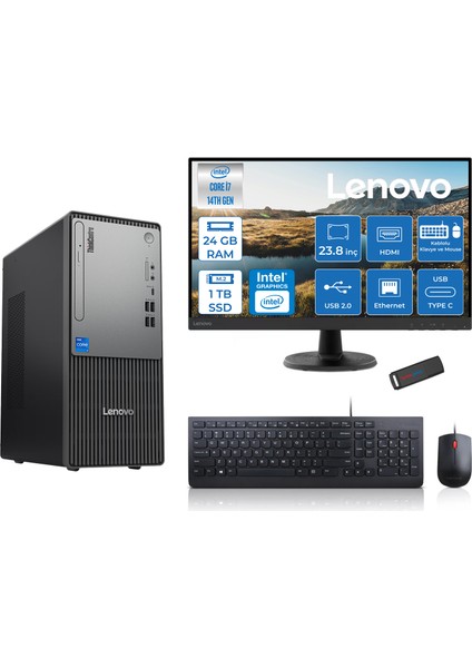 Thinkcentre Neo 50T Gen5 Intel Core I7 14700 24GB Ddr5 1tb SSD 23.8 Inç Monitör Freedos Intel UHD 770 Masaüstü Bilgisayar 2412UAS0GL00F08 + Zetta Flash Bellek