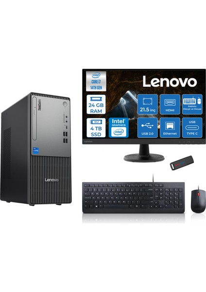 Thinkcentre Neo 50T Gen5 Intel Core I7 14700 24GB Ddr5 4tb SSD 21.5 Inç Monitör Freedos Intel UHD 770 Masaüstü Bilgisayar 2112UAS0GL00F10 + Zetta Flash Bellek