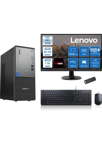 Thinkcentre Neo 50T Gen5 Intel Core I7 14700 96GB Ddr5 1tb SSD 23.8 Inç Monitör Freedos Radeon RX550 4gb Masaüstü Bilgisayar 5502412UAS0GL00F28 + Zetta Flash Bellek