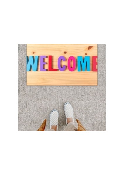 Dijital Baskı Dekoratif Welcome Ahşap Kapı Önü Paspası PS1252