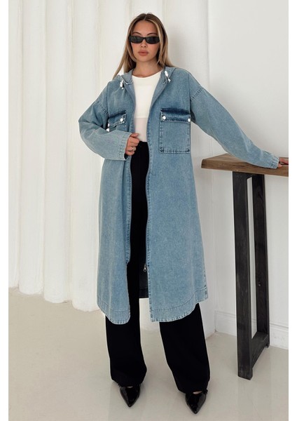 Cep Detaylı Kapüşonlu Salaş Denim Kap Mavi 6771