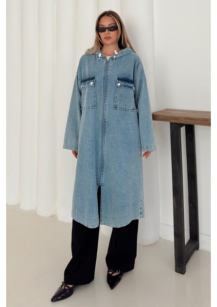 Cep Detaylı Kapüşonlu Salaş Denim Kap Mavi 6771 fiyatları