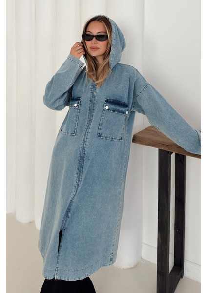 Cep Detaylı Kapüşonlu Salaş Denim Kap Mavi 6771 fırsatları