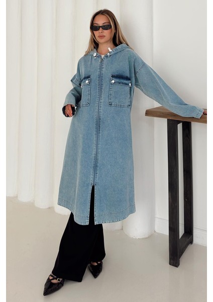 Cep Detaylı Kapüşonlu Salaş Denim Kap Mavi 6771 indirimleri