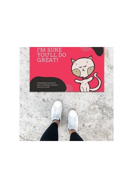 Dijital Baskı Koyu Pembe Kedili Desen Kapı Önü Paspası PS1350