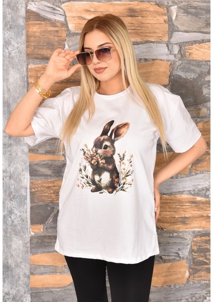 Tavşan Baskılı Oversize Kadın T-Shirt Bisiklet Yaka