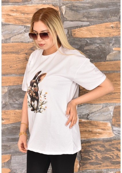Tavşan Baskılı Oversize Kadın T-Shirt Bisiklet Yaka