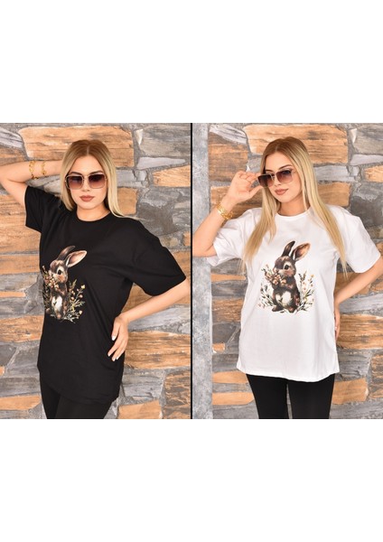 Tavşan Baskılı Oversize Kadın T-Shirt Bisiklet Yaka