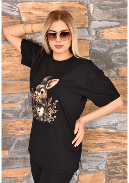Tavşan Baskılı Oversize Kadın T-Shirt Bisiklet Yaka fiyatları