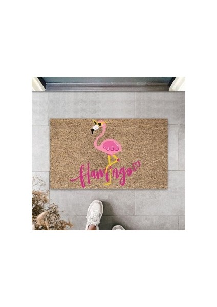 Dijital Pembe Flamingo Bej Kapı Paspası Dış Mekan PASPASPS1058