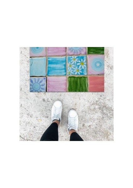 Dijital Baskı Çok Renkli Karo Taş Desen Kapı Önü Paspası PS1380