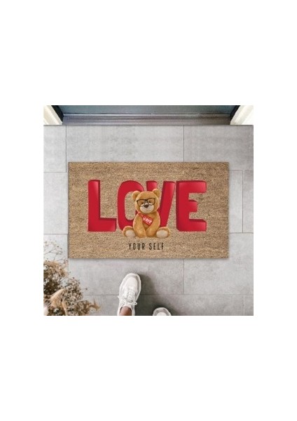 Kahverengi Kapı Önü Paspası Love Ayıcık Desen PS862