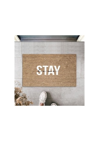 Dış ve Iç Mekan Bej Kapı Önü Paspası Stay Home Desen Paspas