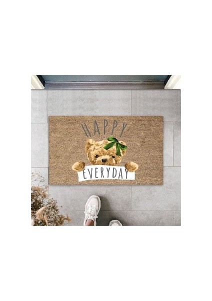 Dış ve Iç Mekan Kahve Renk Kapı Önü Paspası Happy Everday Ayıcık Desen Paspas