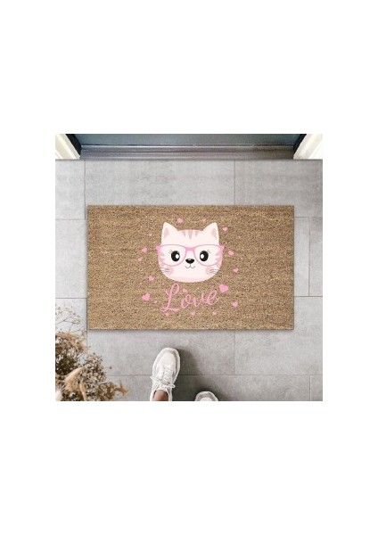 Dijital Baskı Kalitesi Kahverengi Love Yazılı Pembe Gözlüklü Kedi Dekoratif Kapı Paspası