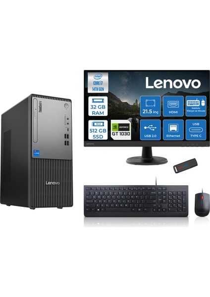 Thinkcentre Neo 50T Gen5 Intel Core I7 14700 32GB Ddr5 512GB SSD 21.5 Inç Monitör Freedos Nvidia GT1030 4gb Masaüstü Bilgisayar 10302112UAS0GL00F12 + Zetta Flash Bellek