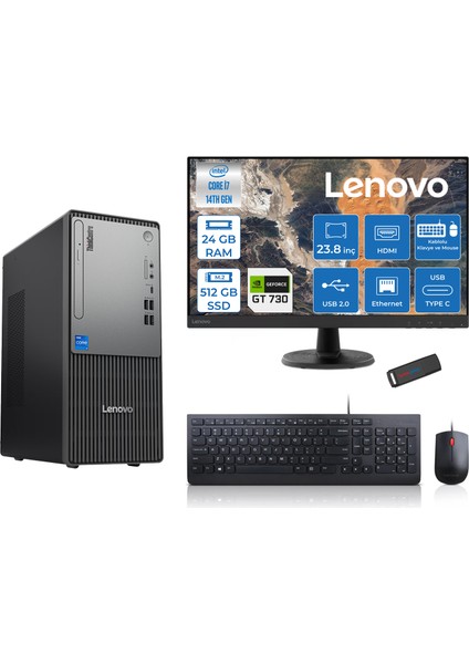 Thinkcentre Neo 50T Gen5 Intel Core I7 14700 24GB Ddr5 512GB SSD 23.8 Inç Monitör Freedos Nvidia GT730 4gb Masaüstü Bilgisayar 7302412UAS0GL00F07 + Zetta Flash Bellek