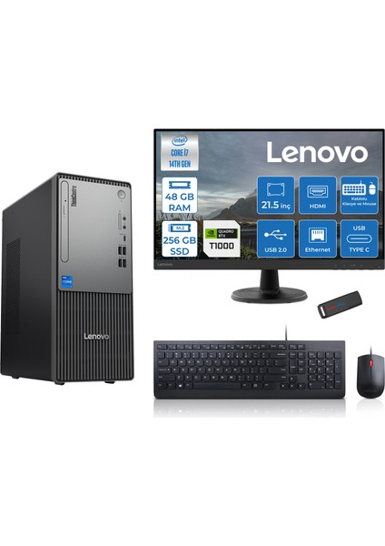 Thinkcentre Neo 50T Gen5 Intel Core I7 14700 48GB Ddr5 256GB SSD 21.5 Inç Monitör Freedos Quadro T1000 4gb Masaüstü Bilgisayar 10002112UAS0GL00F16 + Zetta Flash Bellek