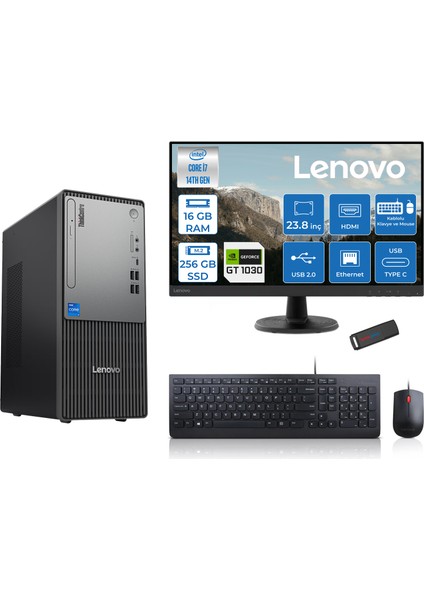 Thinkcentre Neo 50T Gen5 Intel Core I7 14700 16GB Ddr5 256GB SSD 23.8 Inç Monitör Freedos Nvidia GT1030 4gb Masaüstü Bilgisayar 10302412UAS0GL00F01 + Zetta Flash Bellek