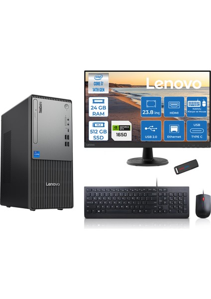 Thinkcentre Neo 50T Gen5 Intel Core I7 14700 24GB Ddr5 512GB SSD 23.8 Inç Monitör Freedos Nvidia GTX1650 4gb Masaüstü Bilgisayar 16502412UAS0GL00F07 + Zetta Flash Bellek