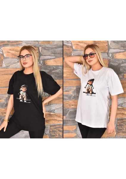 2 Adet Özel Baskılı Oversize Kadın T-Shirt Bisiklet Yaka