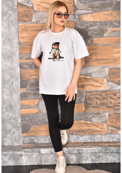 2 Adet Özel Baskılı Oversize Kadın T-Shirt Bisiklet Yaka