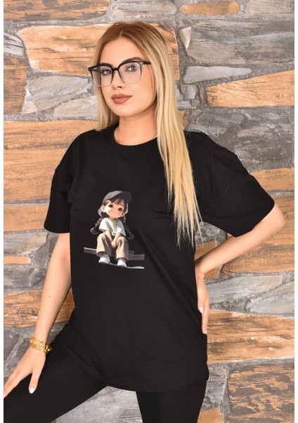 2 Adet Özel Baskılı Oversize Kadın T-Shirt Bisiklet Yaka