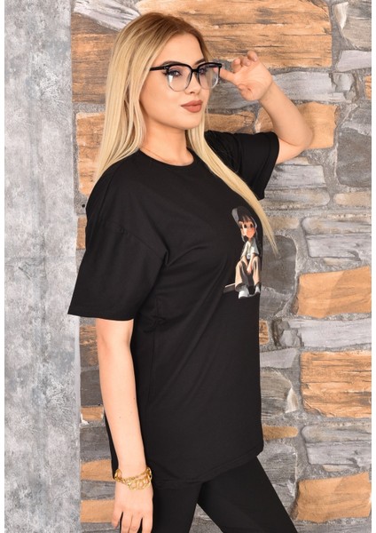 2 Adet Özel Baskılı Oversize Kadın T-Shirt Bisiklet Yaka