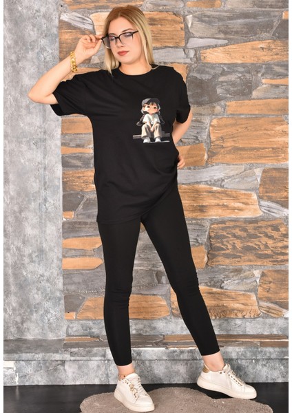 2 Adet Özel Baskılı Oversize Kadın T-Shirt Bisiklet Yaka