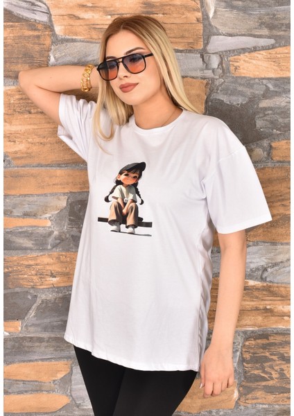 2 Adet Özel Baskılı Oversize Kadın T-Shirt Bisiklet Yaka