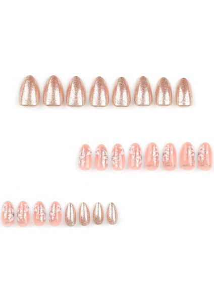 Gold Pembe Çiçekli Simli Badem 24’lü Takma Tırnak Seti ve Zararsız Yapıştırıcı