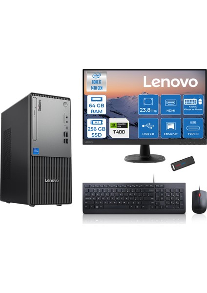 Thinkcentre Neo 50T Gen5 Intel Core I7 14700 64GB Ddr5 256GB SSD 23.8 Inç Monitör Freedos Quadro T400 4gb Masaüstü Bilgisayar 4002412UAS0GL00F21 + Zetta Flash Bellek