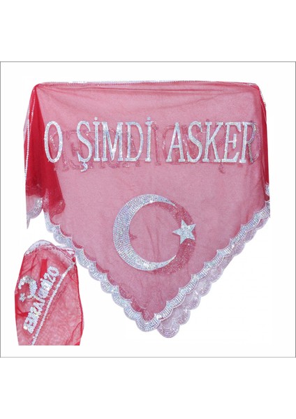 O Şimdi Asker Yazılı Pullu Kına Örtüsü (Eldivenli) Kırmızı Renk (Üçgen Şeklinde)