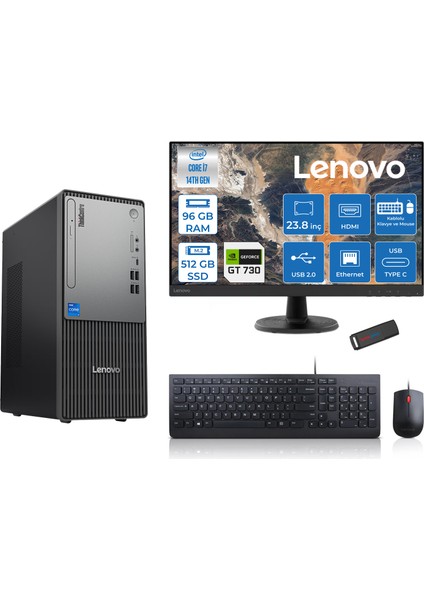 Thinkcentre Neo 50T Gen5 Intel Core I7 14700 96GB Ddr5 512GB SSD 23.8 Inç Monitör Freedos Nvidia GT730 4gb Masaüstü Bilgisayar 7302412UAS0GL00F27 + Zetta Flash Bellek