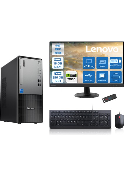 Thinkcentre Neo 50T Gen5 Intel Core I7 14700 16GB Ddr5 256GB SSD 23.8 Inç Monitör Freedos Quadro T1000 4gb Masaüstü Bilgisayar 10002412UAS0GL00F01 + Zetta Flash Bellek