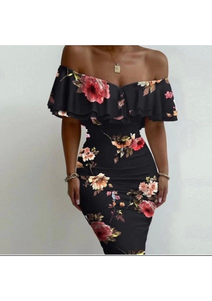 Kadın Madonna Yaka Çiçek Baskılı Volan Detay Kalem Elbise
