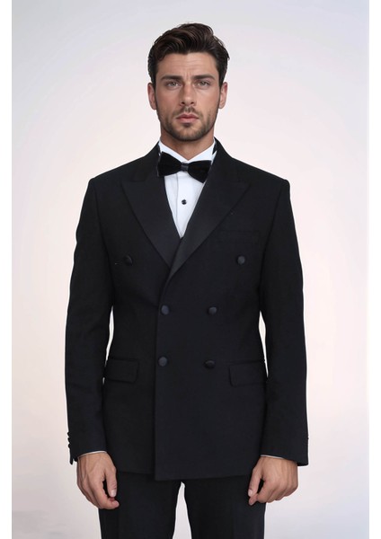 Saten Yaka Slim Fit Kruvaze Siyah Smokin Takım Elbise – Wessi modelleri