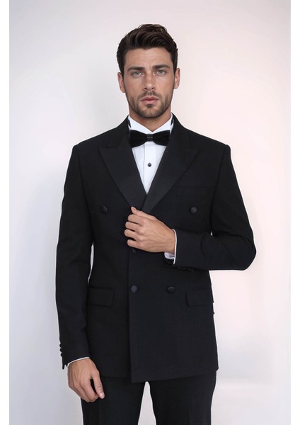 Saten Yaka Slim Fit Kruvaze Siyah Smokin Takım Elbise – Wessi fırsatları