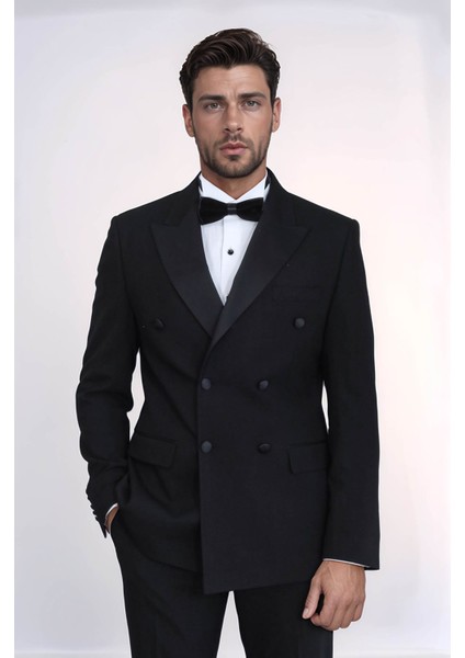 Saten Yaka Slim Fit Kruvaze Siyah Smokin Takım Elbise – Wessi