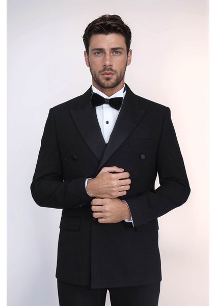 Saten Yaka Slim Fit Kruvaze Siyah Smokin Takım Elbise – Wessi