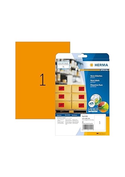 Herma 5149 Renkli Etiketler Neon Turuncu, 20 Yaprak, 210 x 297 Mm, 1 Adet A4 Yaprak, 20 Adet,