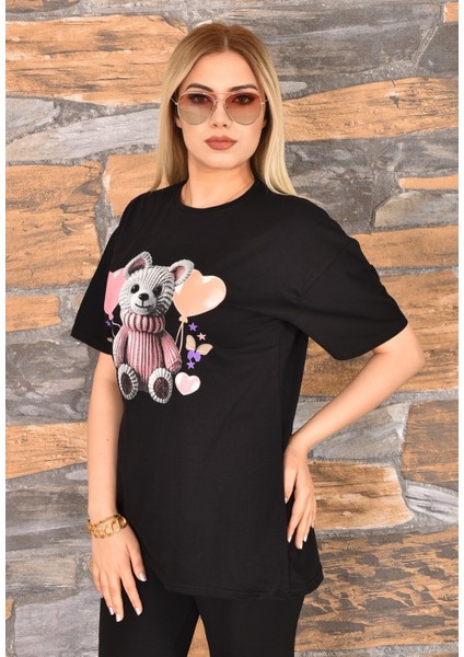 Özel Baskılı Oversize Kadın T-Shirt Bisiklet Yaka