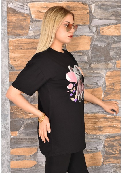 Özel Baskılı Oversize Kadın T-Shirt Bisiklet Yaka