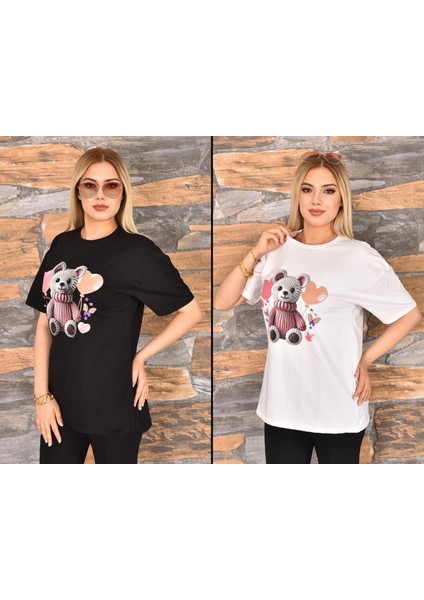 Özel Baskılı Oversize Kadın T-Shirt Bisiklet Yaka