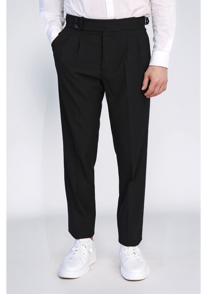 Siyah Çift Pileli Tokalı Yüksek Bel Slim Fit Pantolon – Wessi